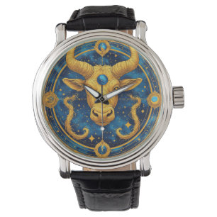 Relógio Símbolo de Touro Dourado em Círculo Azul