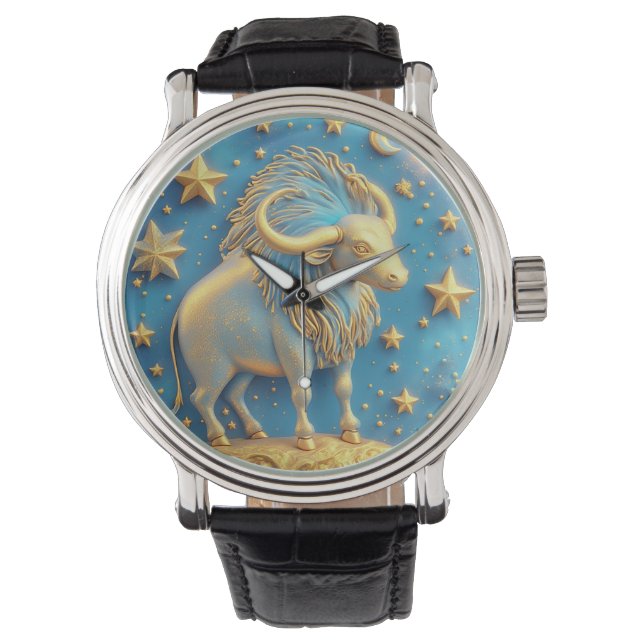 Relógio Símbolo de Touro Dourado em Círculo Azul (Frente)