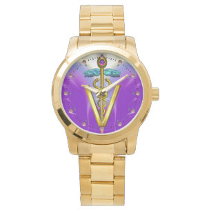 Relógio SÍMBOLO VETERINÁRIO/roxo do CADUCEUS DOURADO