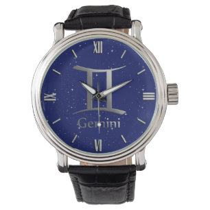Relógio Símbolo Zodiac para Gemini no Deep Midnight Blue