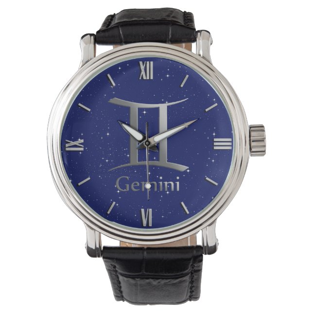Relógio Símbolo Zodiac para Gemini no Deep Midnight Blue (Frente)