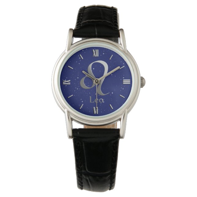 Relógio Símbolo Zodiac para Leo no Deep Midnight Blue (Frente)