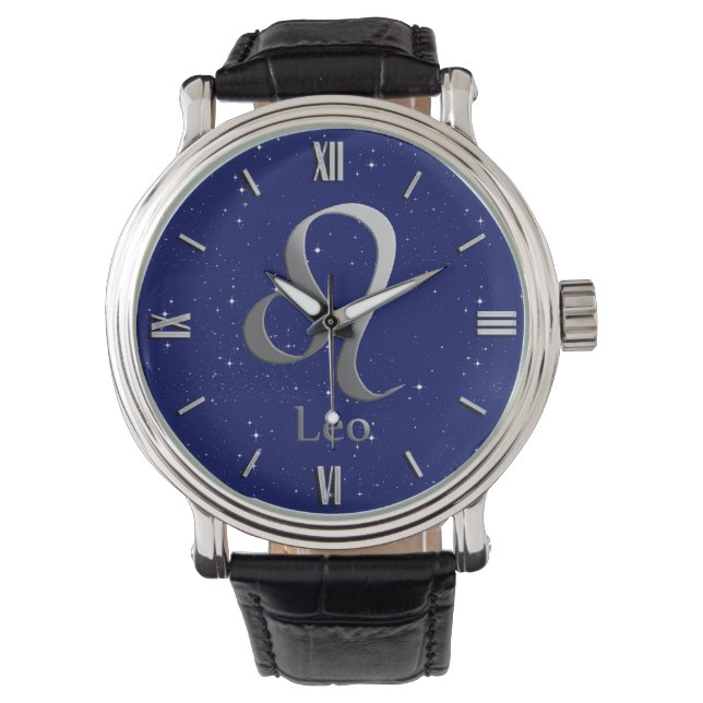 Relógio Símbolo Zodiac para Leo no Deep Midnight Blue (Frente)