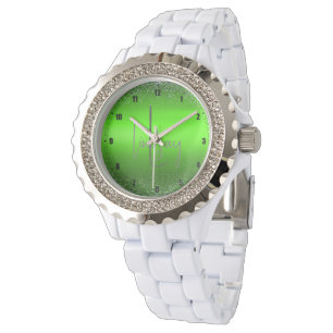 Relógio Simples Monograma de Lâmpada Verde Bruta de Metal
