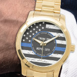 Relógio Sinalizador de Linha Azul Fino Personalizado de Re<br><div class="desc">Celebre e mostre seu apreço a um oficial de polícia excepcional com este Thin Blue Line Police Retirement Watch - design de bandeira americana em cores da Polícia, design angustiada . Perfeito para prêmios de serviço e presentes de aposentadoria da polícia, aniversário da polícia. Personalizar com o nome dos agentes...</div>