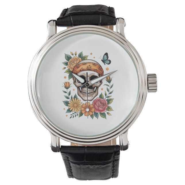 Relógio Skull Floral Halloween Spooky (Frente)