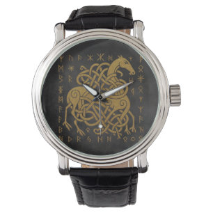Relógio Sleipnir, Cavalo Nórdico Dourado com Símbolo de Ru