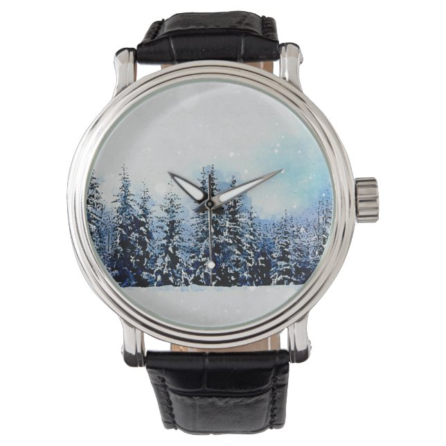Relógio Snowy Evergreen Forest Holiday e Watch de Natal (Frente)