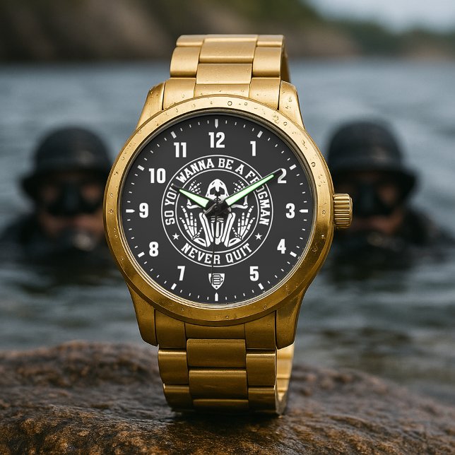 Relógio So You Wanna Be A Frogman "NEVER QUIT" Patch Gold (Wanna Be A Frogman "NEVER QUIT" Gold Stainless Steel Watch)