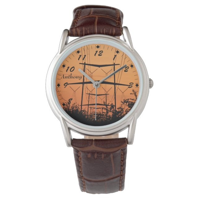 Relógio Sol de cor laranja mole sobre linhas elétricas de  (Frente)