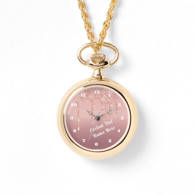 Relógio Sparkly Glitter Dourado Rosa com Texto Per (Frente)