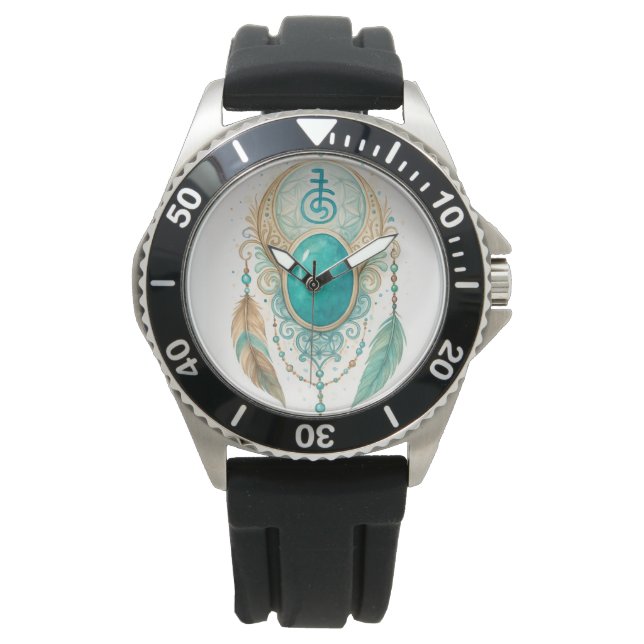 Relógio Spiritual Reiki Clock with Turquoise Gem & Sei He  (Frente)