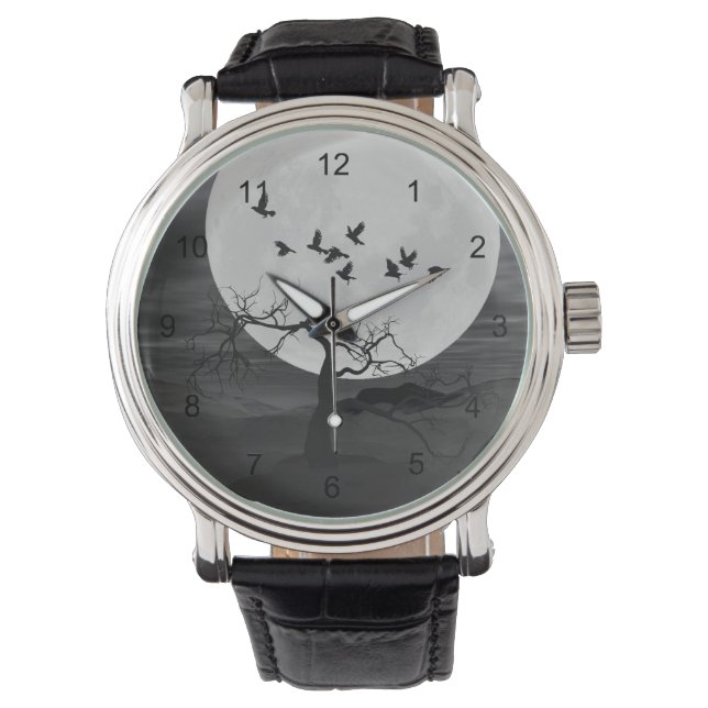 Relógio Spooky Ravens Voando Contra a Lua Cheia (Frente)