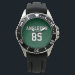 Relógio Sports Jersey Inspired Custom Name Number<br><div class="desc">Celebrate a birthday, wedding, anniversary, or other special day with this custom sports jersey inspired stainless steel watch. The name and number sits centered in outline text on a solid background (the forest green, black, and white can be changed to the colors of your choice). This watch is ideal for...</div>