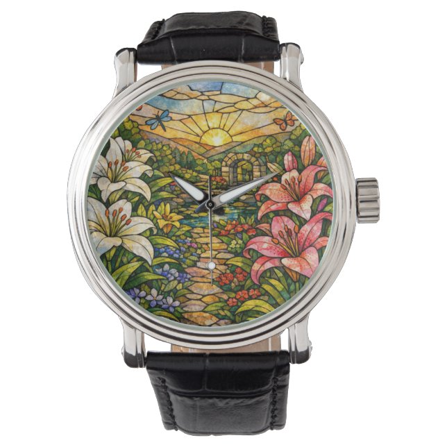 Relógio Stain Glass Lilies and Sunshine (Frente)