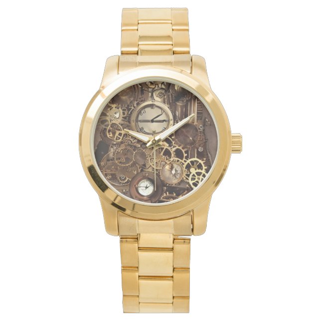 Relógio Steampunk Watch Gears Dourado Mens Art Watch (Frente)