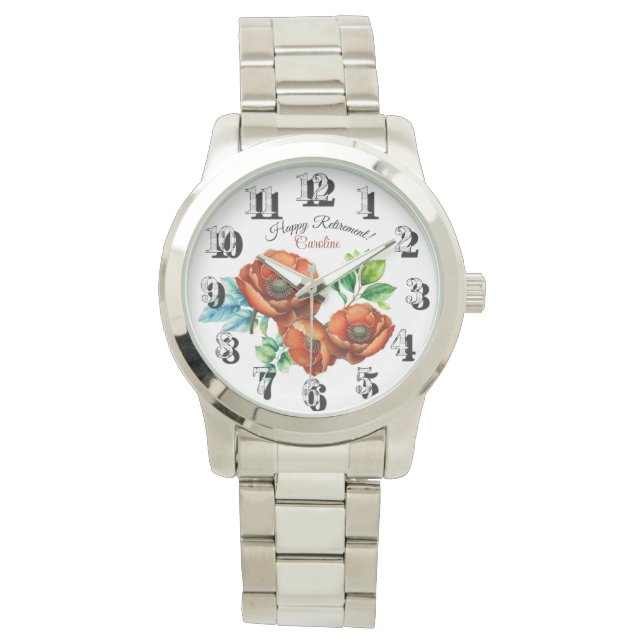 Relógio Sublime Aquarela Poppies Vermelhos Feliz Reforma (Frente)