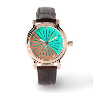Relógio Sunburst Geométrico Moderno, Aqua e Castanho de C