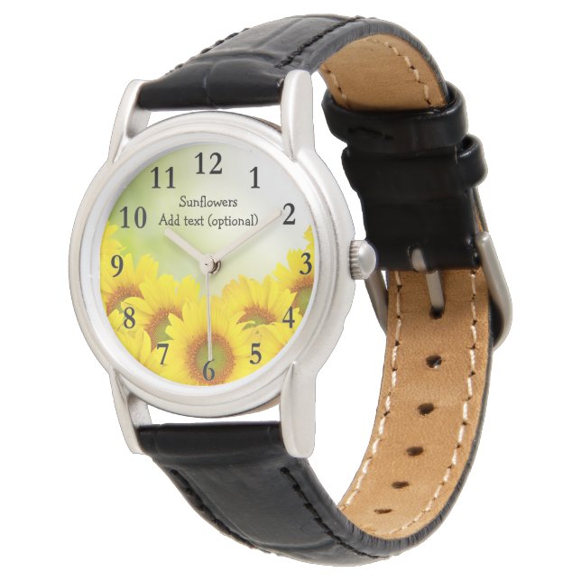 Relógio Sunflower Black Leather Strap Watch, feminino (Angular)