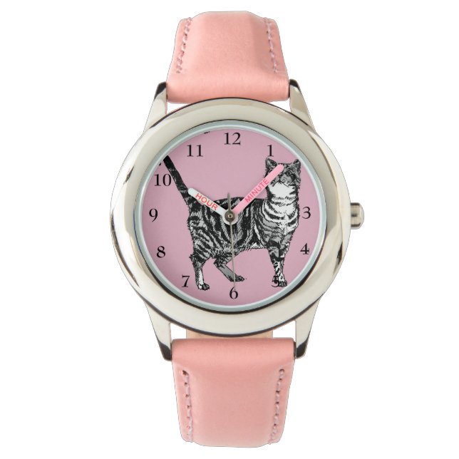 Relógio Tabby Cat Black White Cats Cute Pink Girls Watch (Frente)