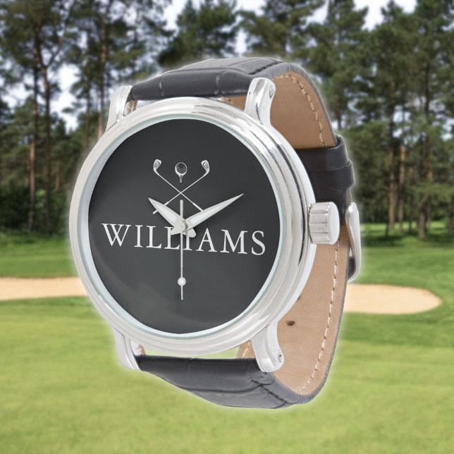 Relógio Tacos de Nome Personalizado de Golfe Preto e Branc (Personalized Name Golf Clubs Black And White Watch)