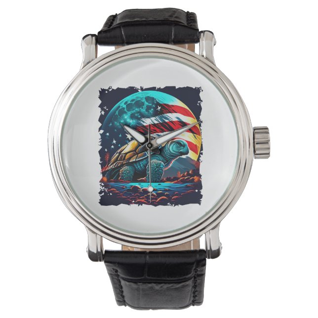 Relógio Tartaruga americana sob lua com bandeira americana (Frente)