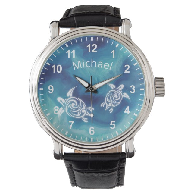 Relógio Tartarugas brancas no oceano azul Aquarela Seu nom (Frente)