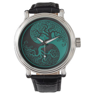 Relógio Teal Blue e Black Tree of Life Yin Yang