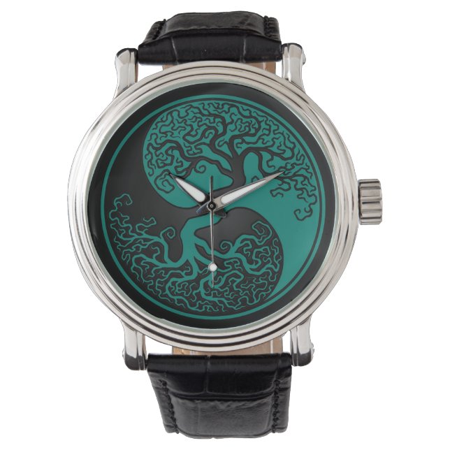 Relógio Teal Blue e Black Tree of Life Yin Yang (Frente)