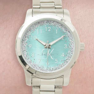 Relógio Teal Brugado Metal Silver Glitter Nome Monograma