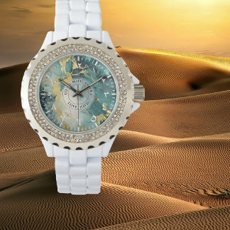 Relógio Teal e Dourada Marble Rhinestone Watch - White Ena