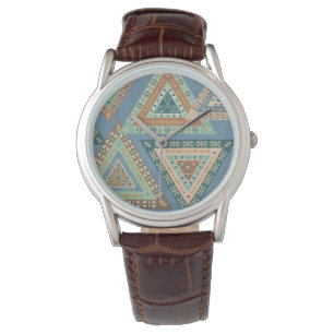 Relógio Teste padrão indiano tribal   azul exterior de Ge