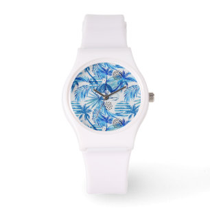Relógio Teste padrão tropical azul brilhante da aguarela
