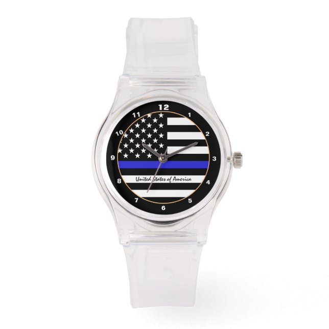 Relógio Thin Blue Line & American Flag Police / EUA limpo (Frente)