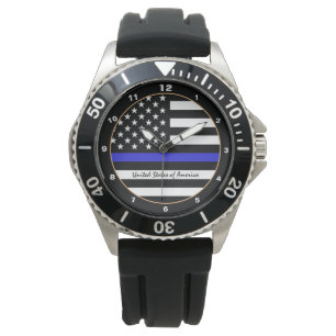 Relógio Thin Blue Line e polícia de bandeira americana / e