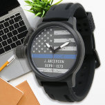 Relógio Thin Blue Line Gift - Bandeira Americana - Polícia<br><div class="desc">Thin Blue Line Police Watch - design de bandeira americana em cores de bandeira policial,  design angustiado. Um belo presente para o seu policial favorito. Personalize com o nome. COPYRIGHT © 2020 Judy Burrows,  Black Dog Art - Todos Os Direitos Reservados.</div>