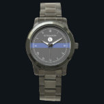 Relógio Thin Blue Line Serviceman Watch<br><div class="desc">Um elegante monograma preto,  branco,  com listras azuis com um ponto para o nome do seu receptor de presente e monograma inicial de sobrenome. Um presente de excelente para qualquer pessoa que faça parte da força policial,  atualmente servindo ou aposentado.</div>