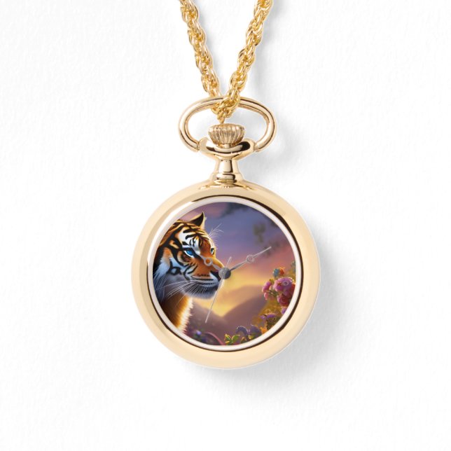 Relógio Tigre de olhos azuis e flores cor-de-rosa (Frente)