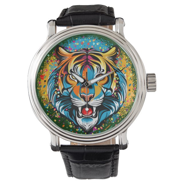 Relógio Tinta de cores Arco-íris Cabeça de Tigre (Frente)