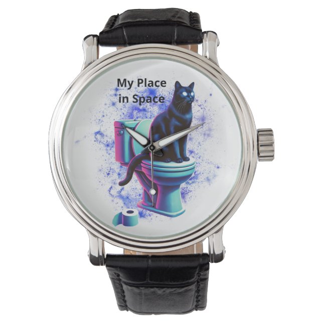 Relógio Toilet de Gato Negro Cósmico - Arte Surreal Vaporw (Frente)