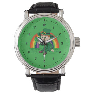 Relógio Toon leprechaun bonito com shamrock e arco-íris