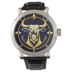 Relógio Touro Dourado Touro no Círculo Zodiacal Cósmico