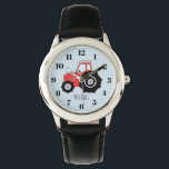 Relógio Trator de Fazenda Vermelha do Menino com Crianças<br><div class="desc">Este design bonitinho é parte de uma coleção com rabiscos de transporte bonitos para roupa e acessórios para crianças. O design apresenta um trator vermelho colorido desenhado à mão em azul, e pode ser personalizado com o nome do seu filho. Perfeito para uma fazenda e um trator amando crianças primeiro...</div>