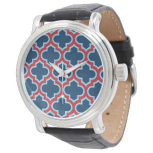 Relógio Trellis, Latice, Quatrefoil, azul e vermelho marro