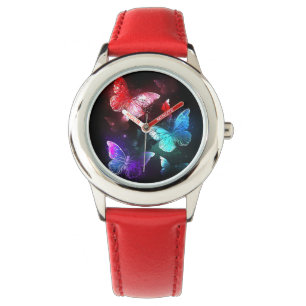 Relógio Três Borboletas brilhantes sobre o fundo noturno