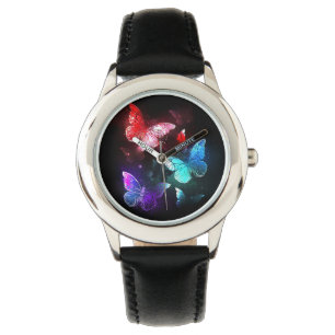 Relógio Três Borboletas brilhantes sobre o fundo noturno