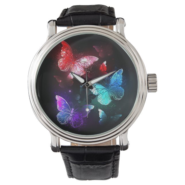 Relógio Três Borboletas brilhantes sobre o fundo noturno (Frente)