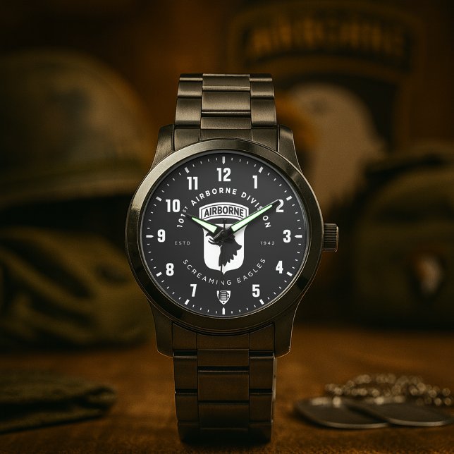Relógio Tributo à 101ª Divisão Aerotransportada "Screaming (101st Airborne Division "Screaming Eagles" Tribute Black Stainless Steel Watch)