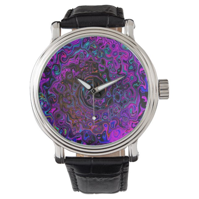 Relógio Trippy Black and Magenta Retro Liquid Swirl (Frente)