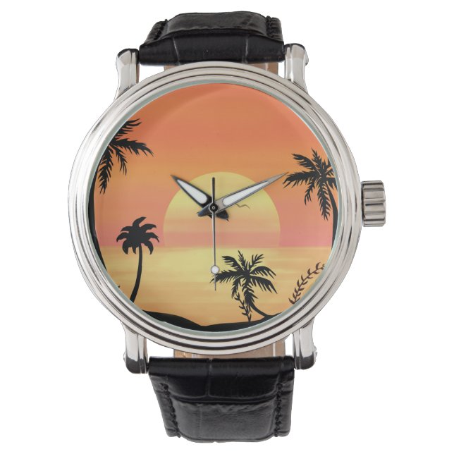 Relógio Tropical Beach Sunset Palm Tree Silhouette Art (Frente)